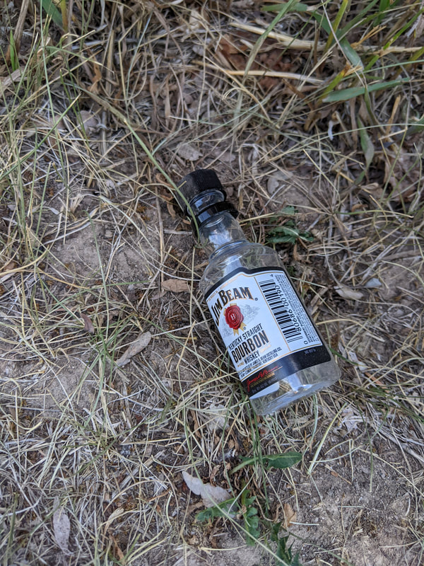 Jim Beam Bourbon Shot Bottle in the grass.